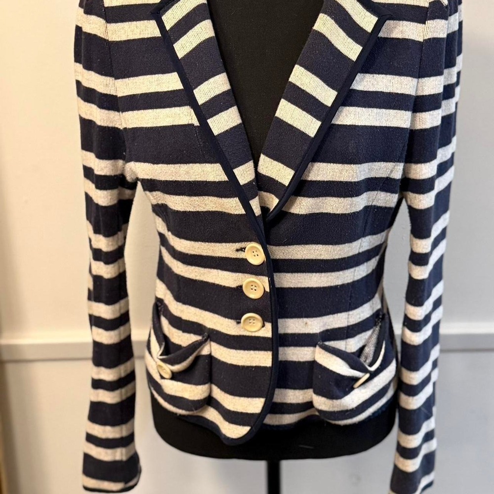 nanette lepore women's size m 100% cotton navy white striped collared blazer